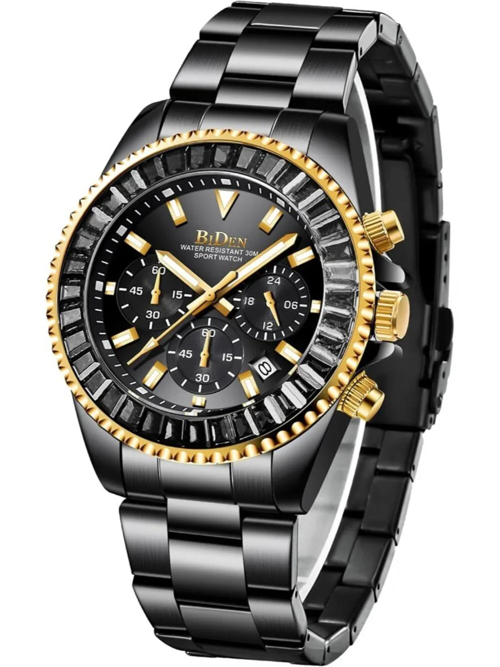 Men's Black Luxury Stainless Steel Analog Chronograph Waterproof Classic Watch
